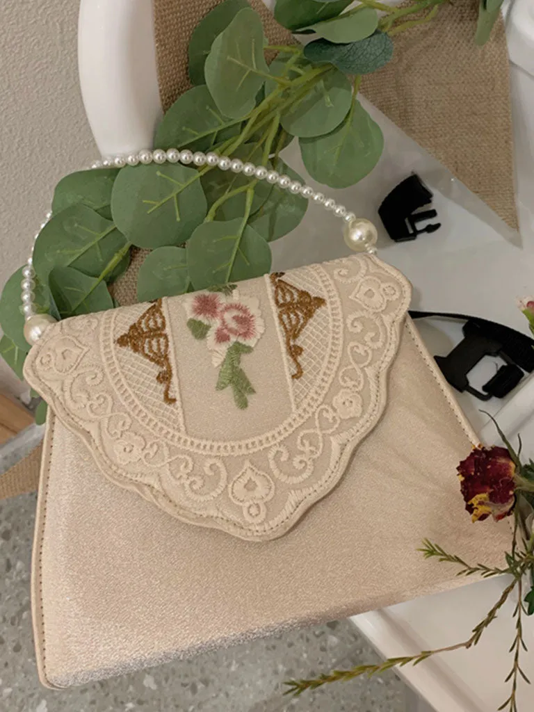 1950S Blue Embroidered Rose Vintage Pearl Handbag Satin Banquet Bag