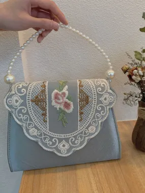 1950S Blue Embroidered Rose Vintage Pearl Handbag Satin Banquet Bag