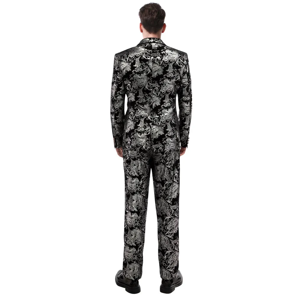 2-Piece Slim Fit Digital Print Silver Suit