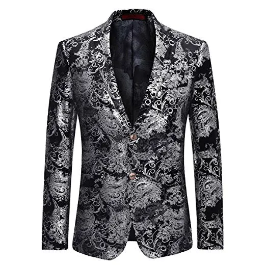 2-Piece Slim Fit Digital Print Silver Suit