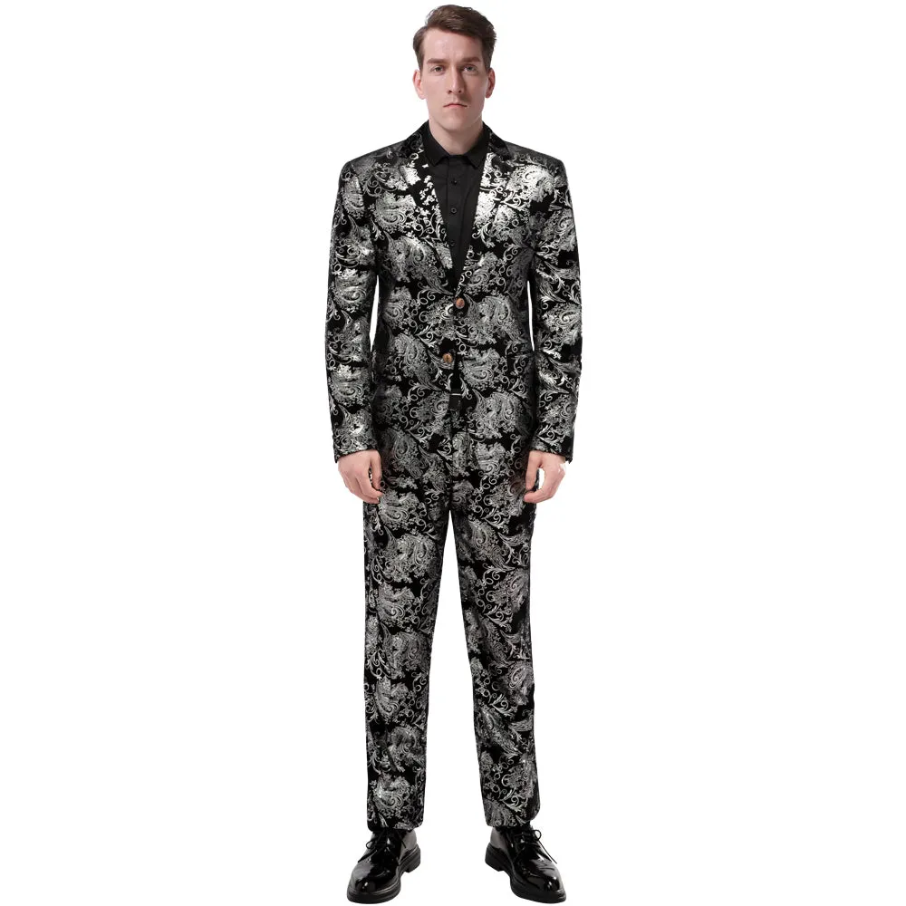 2-Piece Slim Fit Digital Print Silver Suit