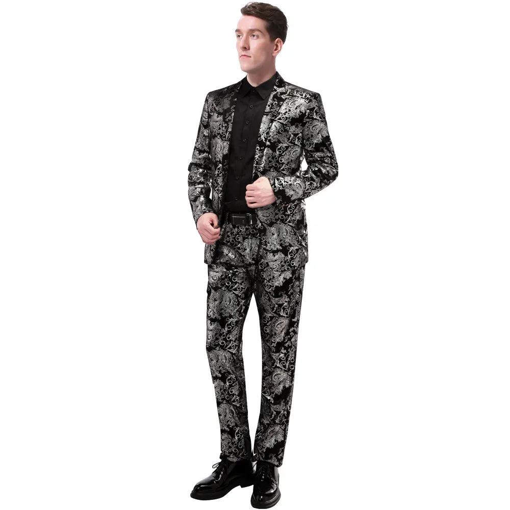 2-Piece Slim Fit Digital Print Silver Suit