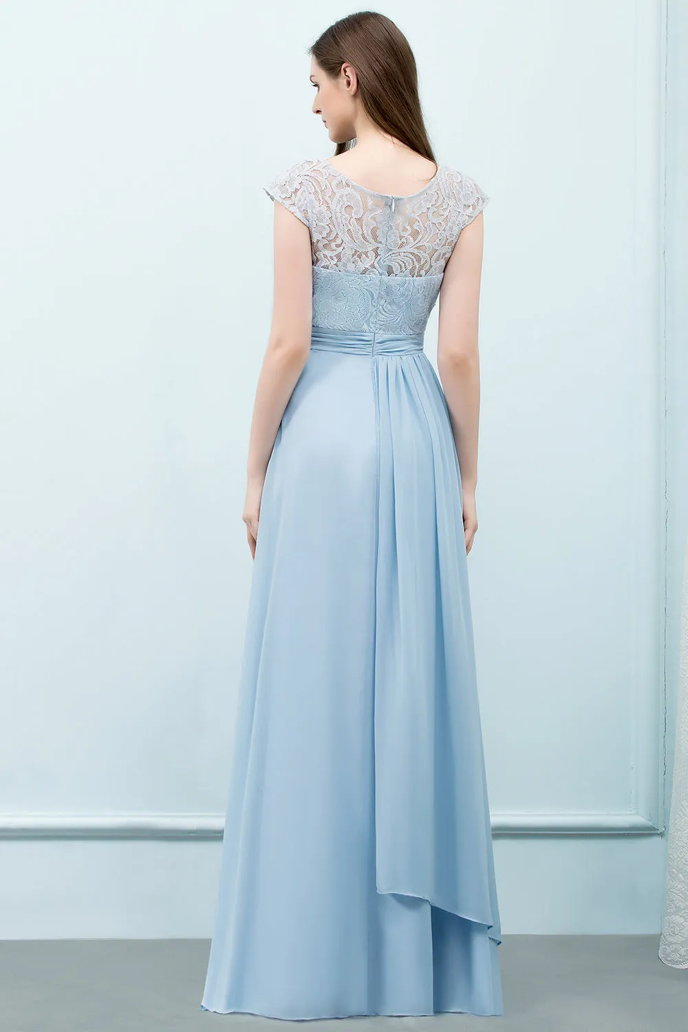 A-line Chiffon Lace Scoop Long Bridesmaid Dresses with Sleeves