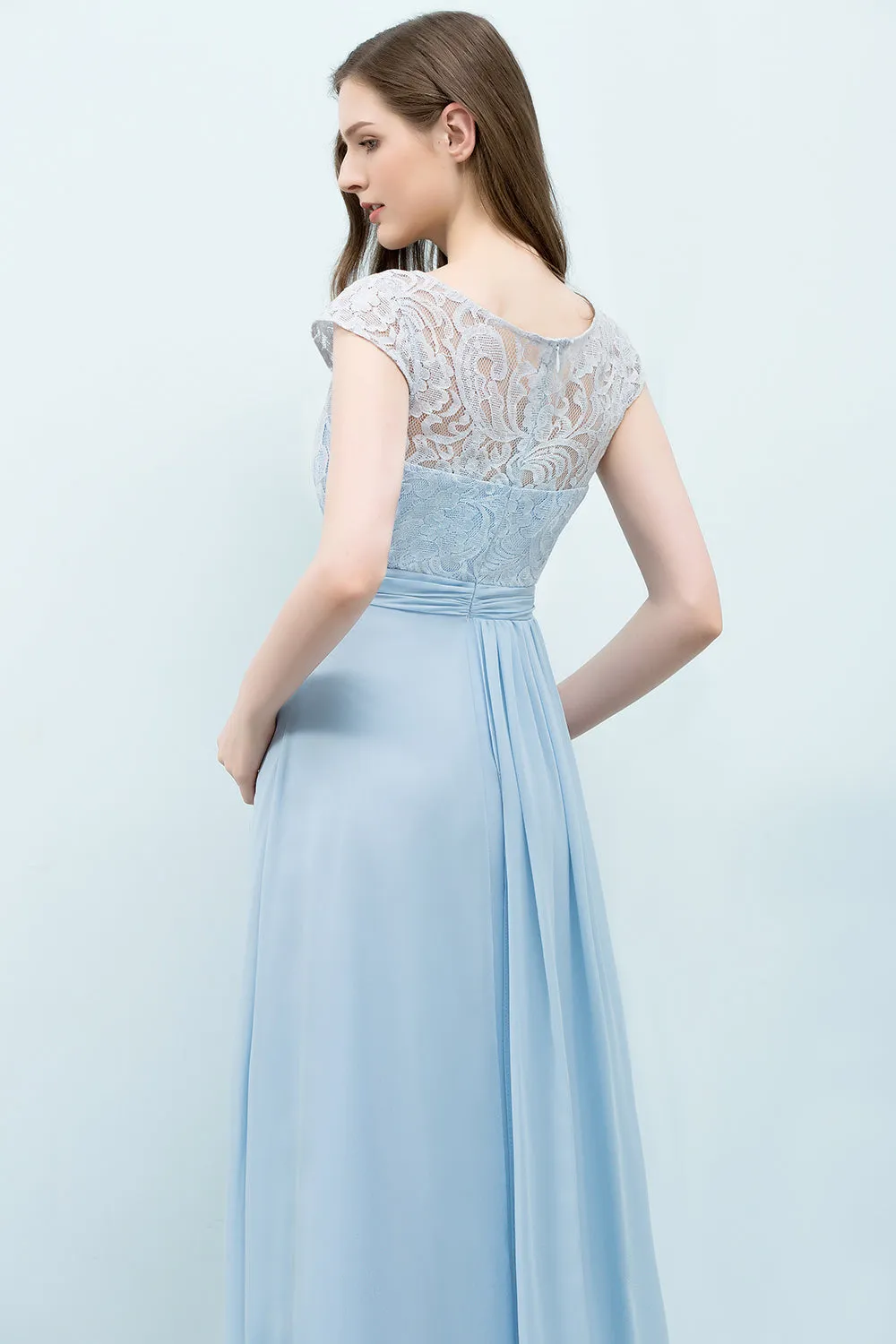 A-line Chiffon Lace Scoop Long Bridesmaid Dresses with Sleeves