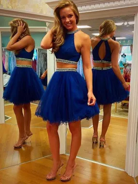 A Line Round Neck 2 Pieces Short Blue Prom Dress, 2 Pieces Short Formal Dress, Graduation Dress, Homecoming Dress