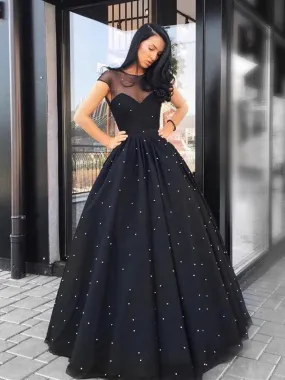 A Line Round Neck Beading Black Tulle Long Prom Dresses, Black Formal Dresses, Elegant Black Evening Dresses