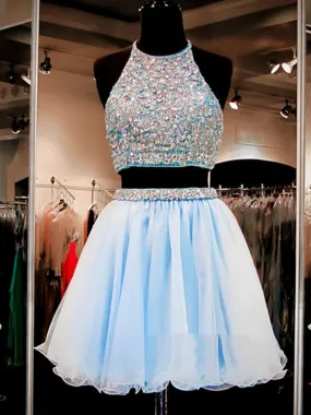 A Line Round Neck Two Pieces Backless Short Light Blue Prom Dresses, Backless Formal Dresses, Homecoming Dresses