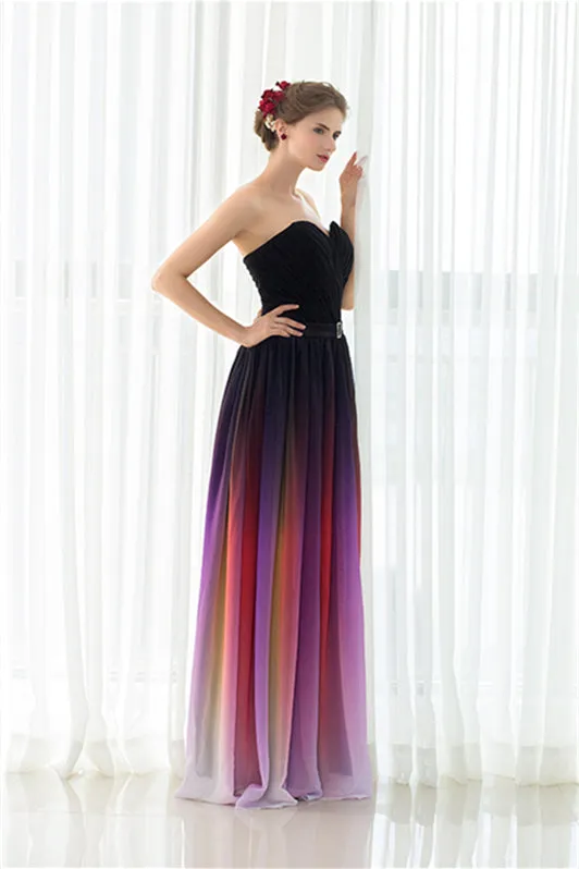 A Line Strapless Sleeveless Colorful Chiffon Floor Length Prom Dresses With Belt