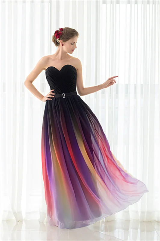 A Line Strapless Sleeveless Colorful Chiffon Floor Length Prom Dresses With Belt