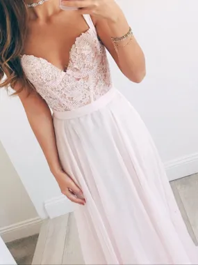 A Line Sweetheart Neck Light Pink Long Lace Prom Dress, Light Pink Lace Formal Dress, Bridesmaid Dress