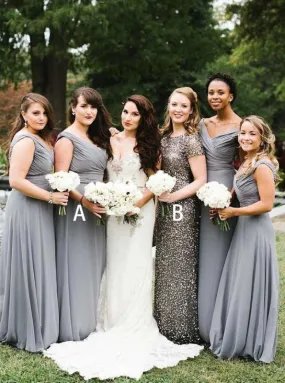 A-Line V-Neck Ruched Grey Chiffon Bridesmaid Dress