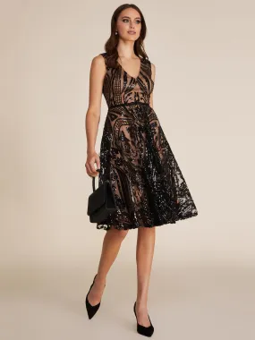 Allover Sequin V-Neck Midi Fit & Flare Dress