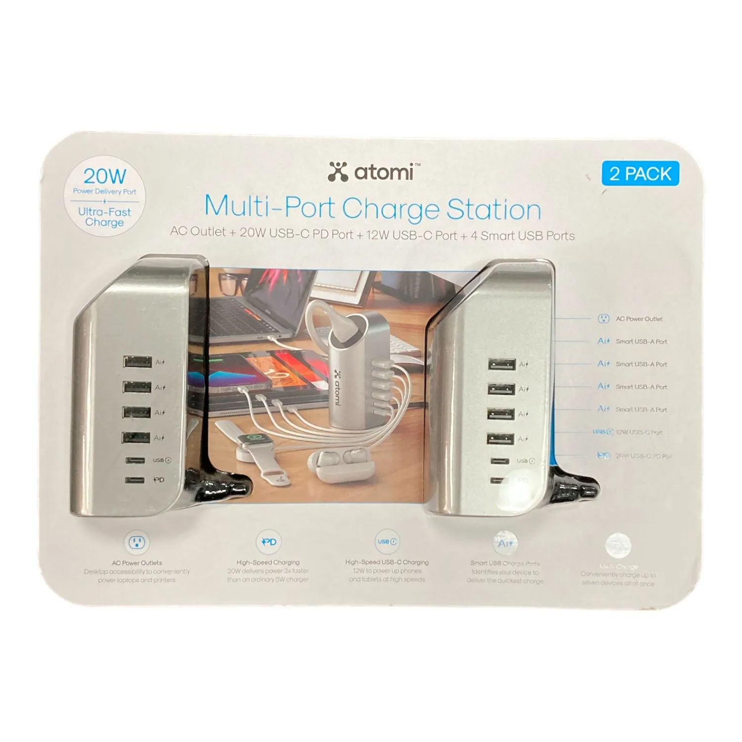 Atomi Multi-Port Charging Station, AC   Type C   Type A USB (2 Pack)