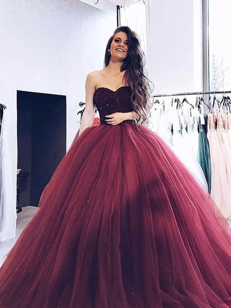 Ball Gown Burgundy Tulle Strapless Sweetheart Prom Dresses Quinceanera Dresses