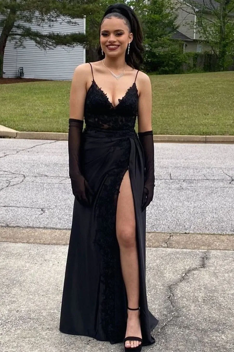 Black Long A-line V-neck Spaghetti Straps Lace Satin Formal Prom Dress With Slit