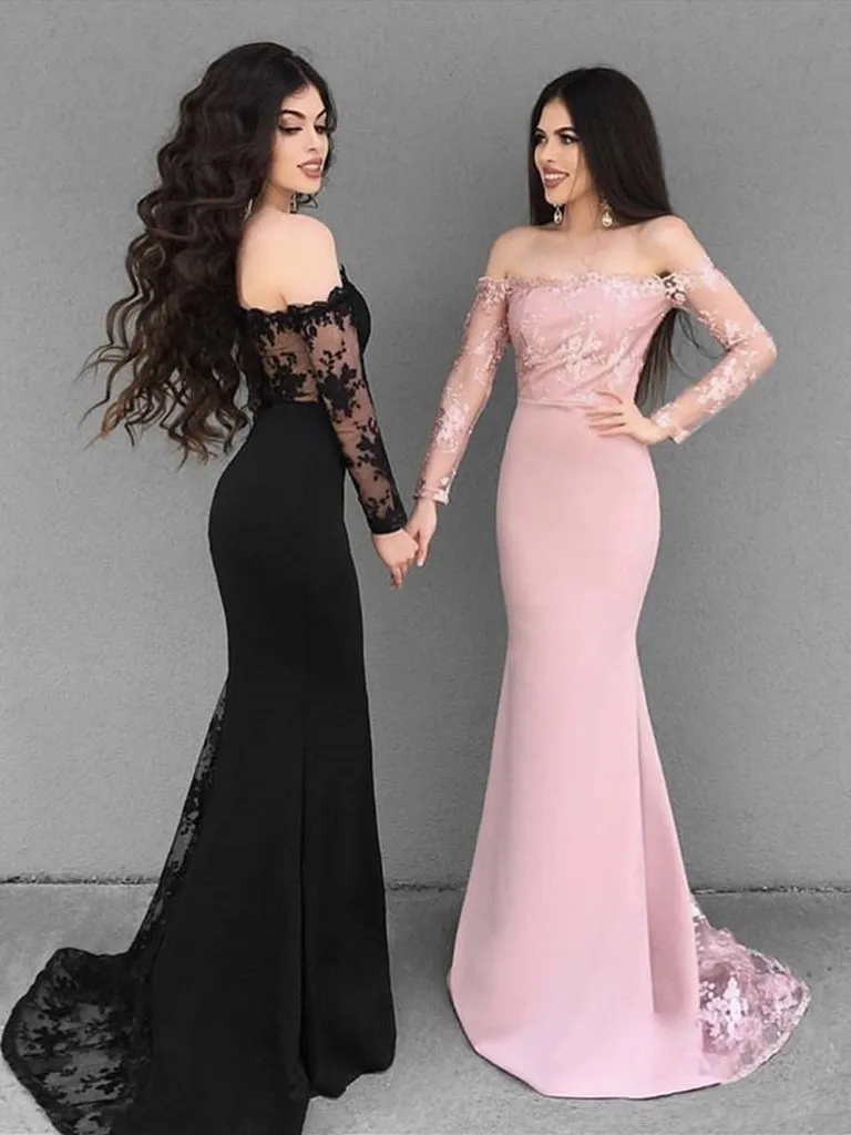 BlackPink Mermaid Long Sleeves Lace Prom Dresses, Lace Mermaid Bridesmaid Dresses, Formal Dresses, BD2303129