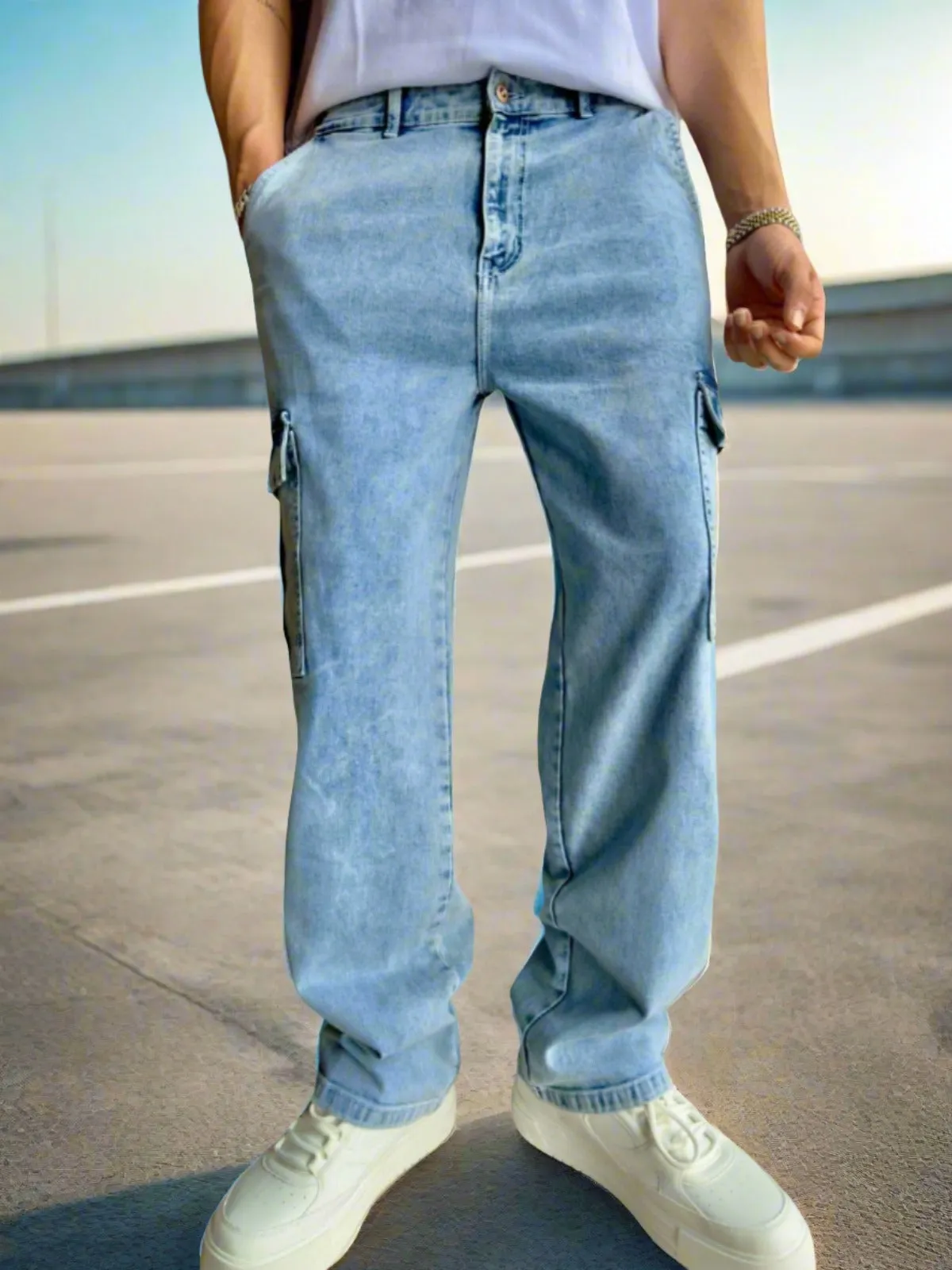 Blue Stone Faded Wash Cargo Jeans