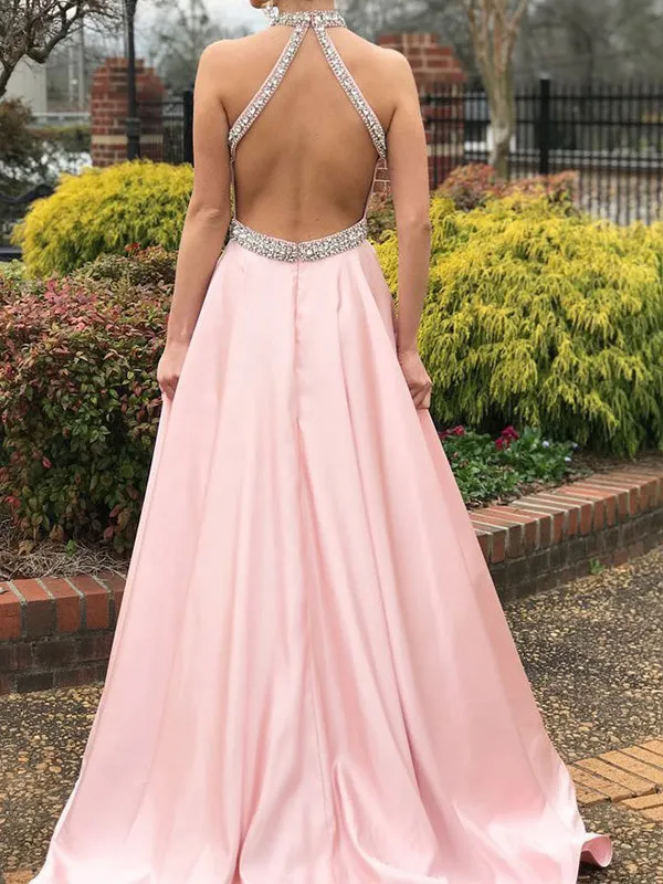 Blush Pink A-line Halter Sleeveless Long Prom Dress Evening Dress, OL701