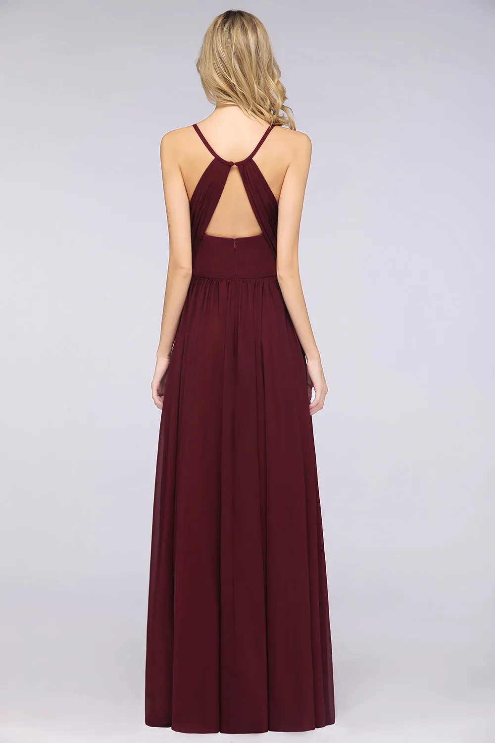 Burgundy A-Line Chiffon Spaghetti-Straps V-Neck Long Bridesmaid Dress