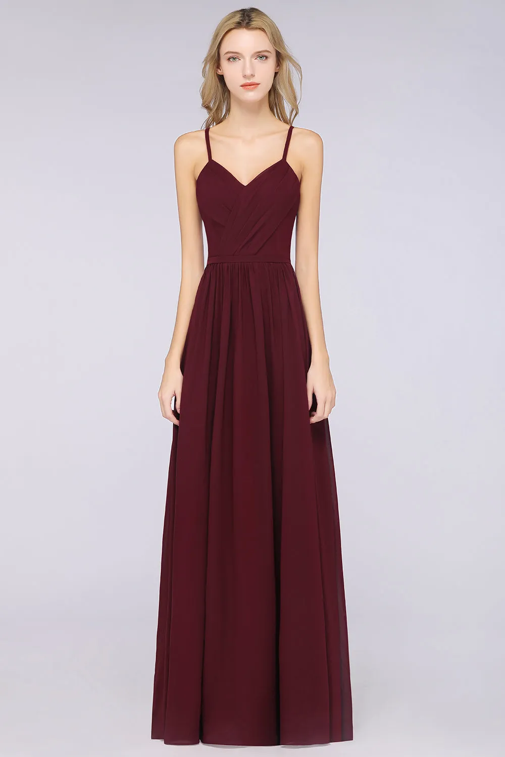 Burgundy A-Line Chiffon Spaghetti-Straps V-Neck Long Bridesmaid Dress