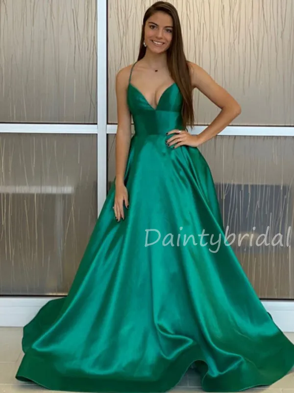 Charming V-neck A-line Satin Long Prom Dresses Evening Dresses.DB10489