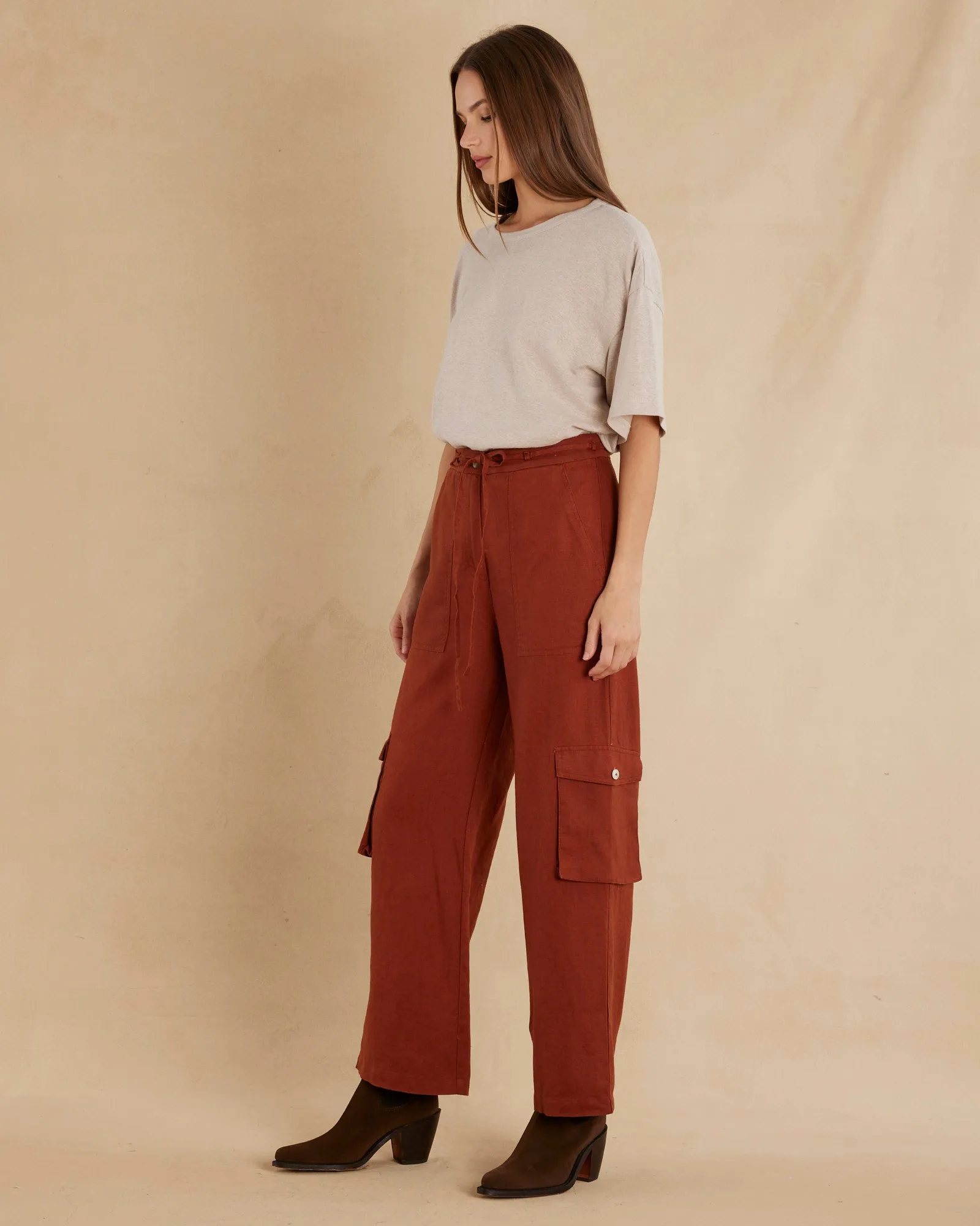 Ciel Linen Cargo Pant - Rust