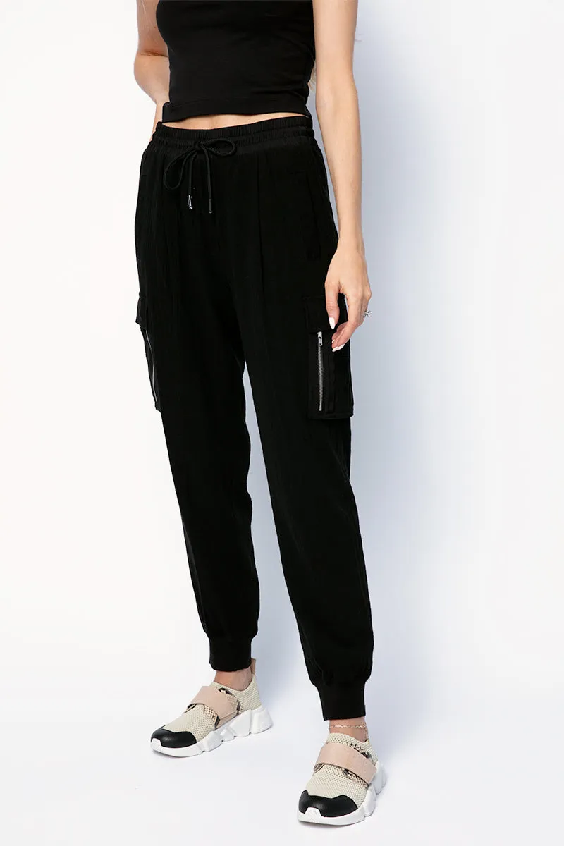 Cotton Gauze Pull On Cargo Pant in Black