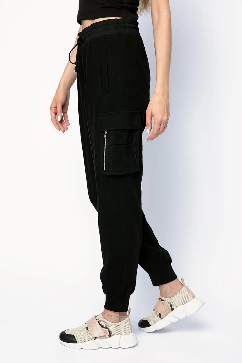 Cotton Gauze Pull On Cargo Pant in Black