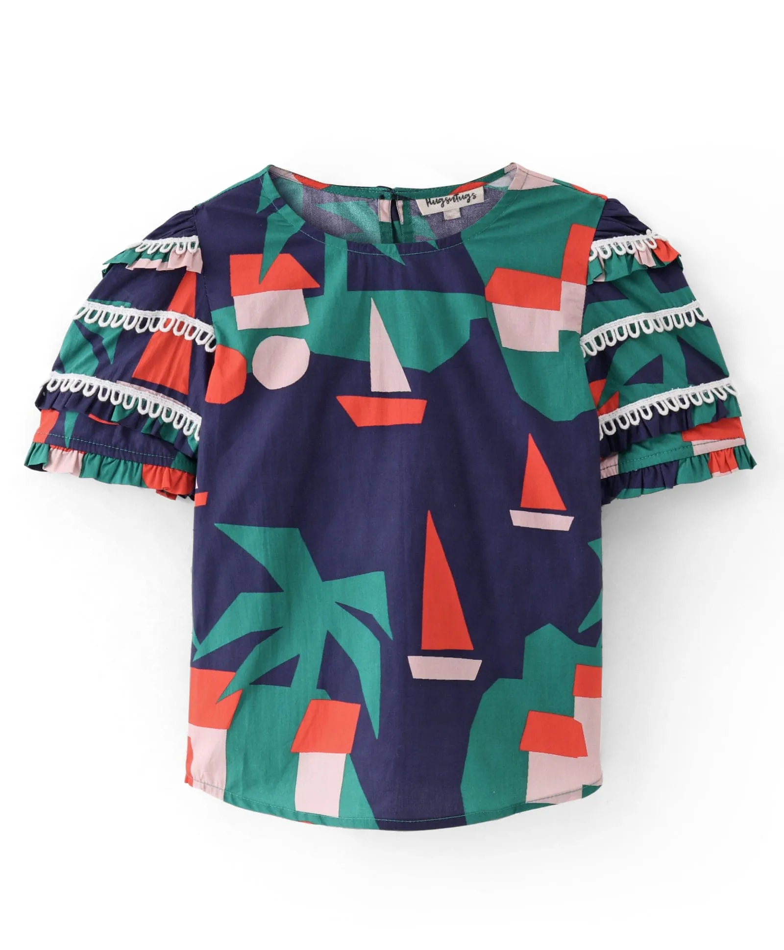 Cotton Top with abstract boat print and lace detailing on the sleeves-Navy/Green