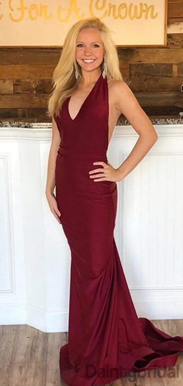 Deep V-neck Open Back Satin Mermaid Long Prom Dresses Evening Dresses.DB10237