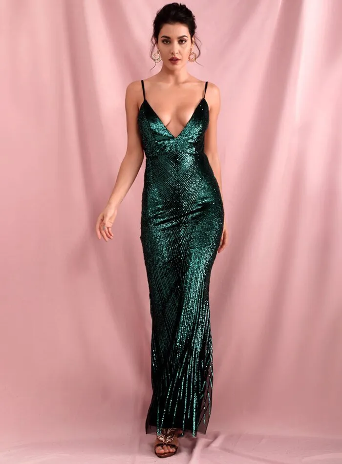 Geometric Sequins Slim Fit Open Back Fishtail Maxi Dress