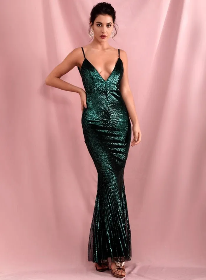 Geometric Sequins Slim Fit Open Back Fishtail Maxi Dress