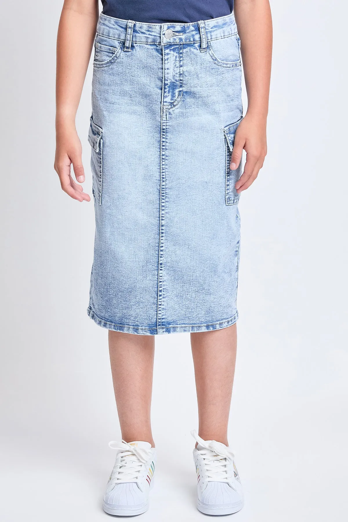 Girls Denim Long Cargo Clean Hem Skirt