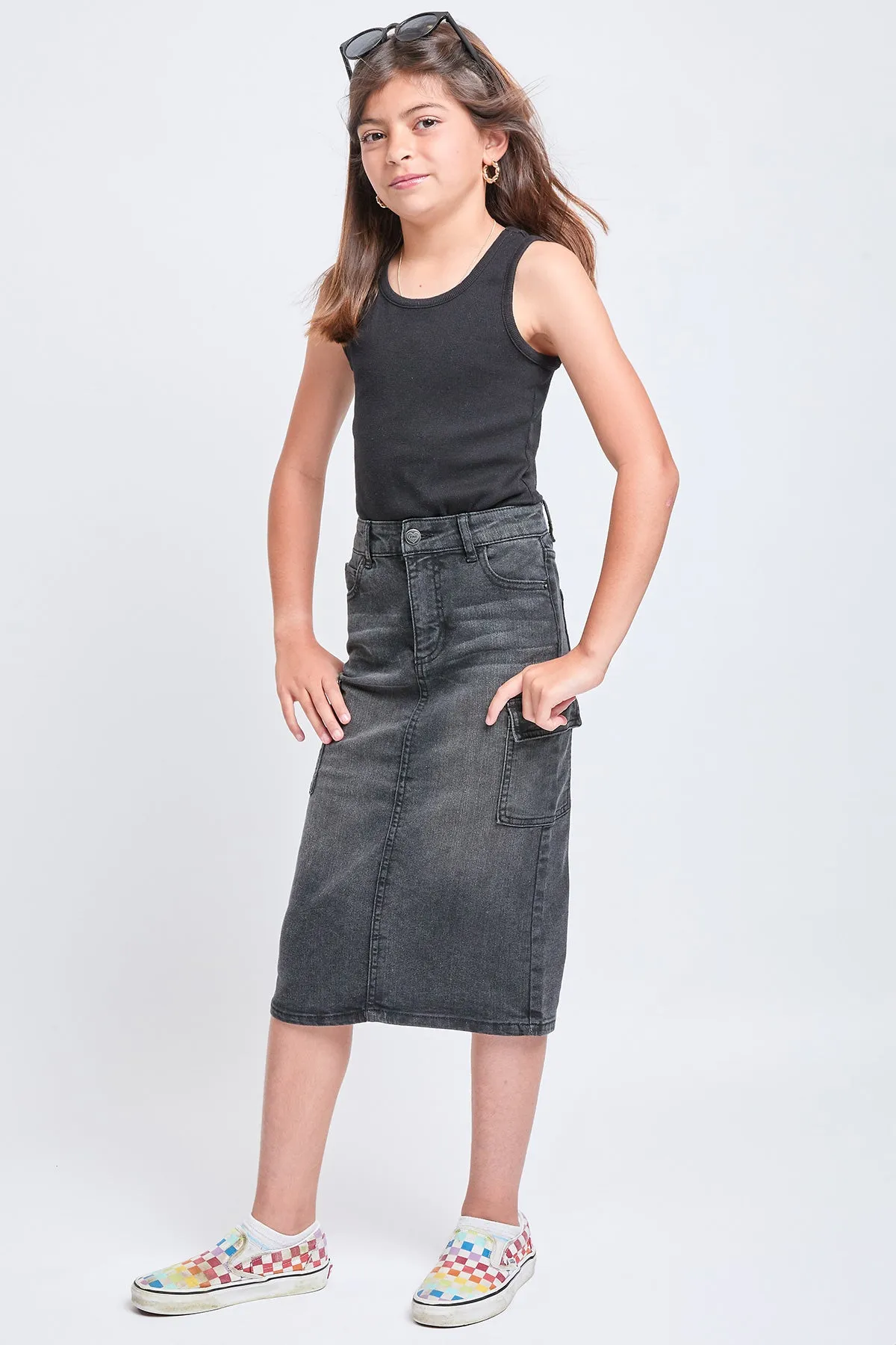 Girls Denim Long Cargo Clean Hem Skirt