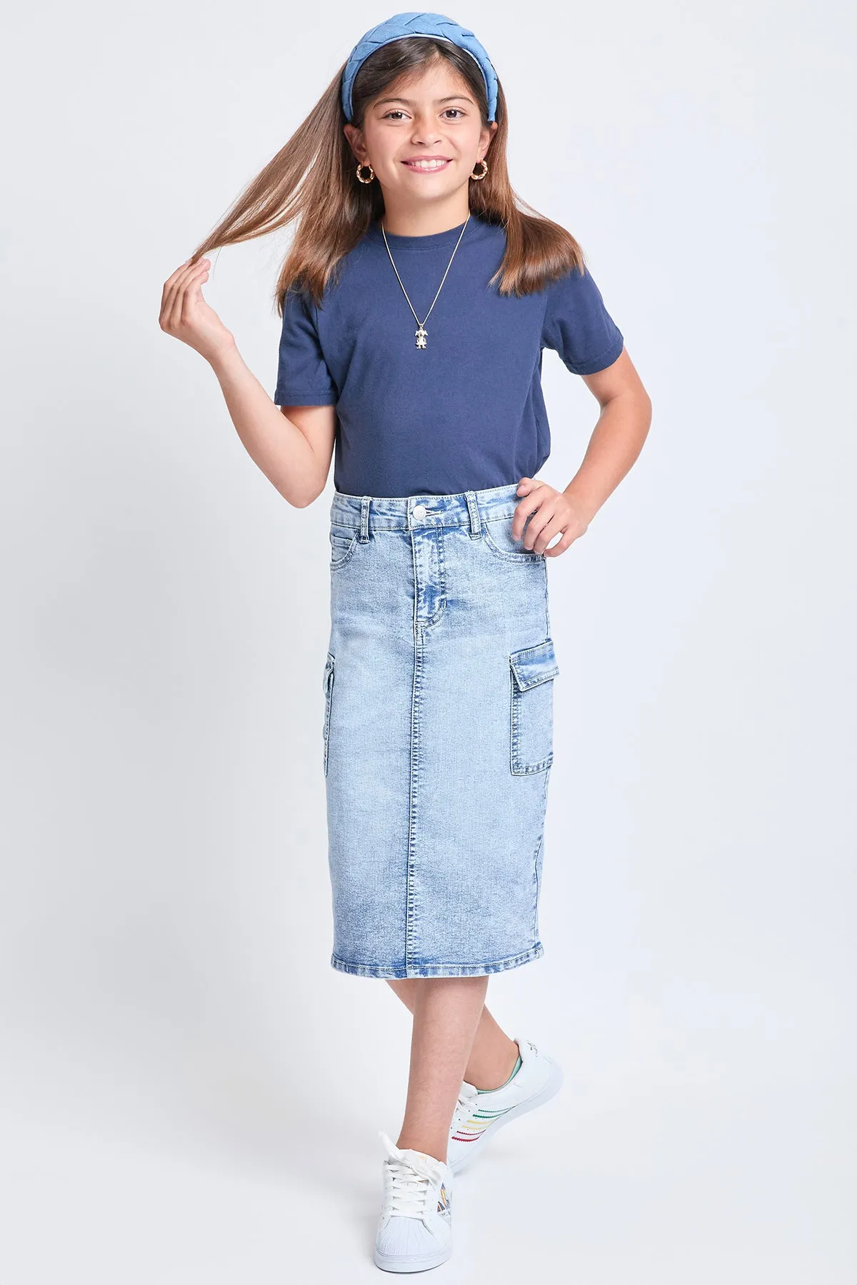 Girls Denim Long Cargo Clean Hem Skirt