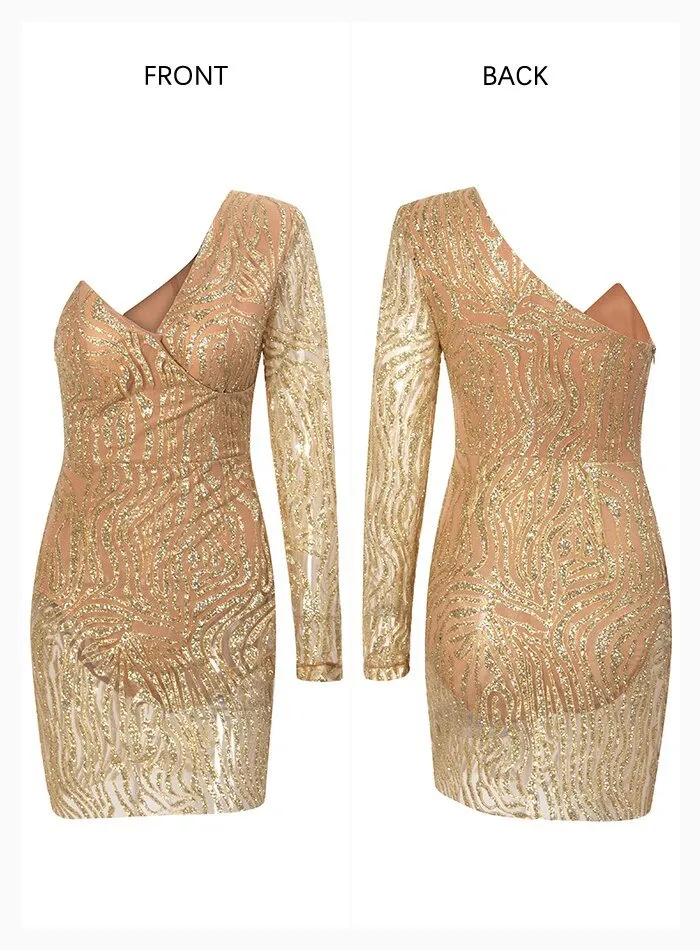 Gold V-neck Glitter Glue Bead Material Bodycon Mini Dress