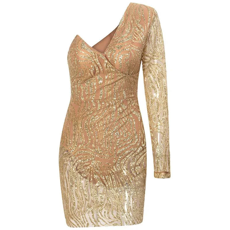 Gold V-neck Glitter Glue Bead Material Bodycon Mini Dress