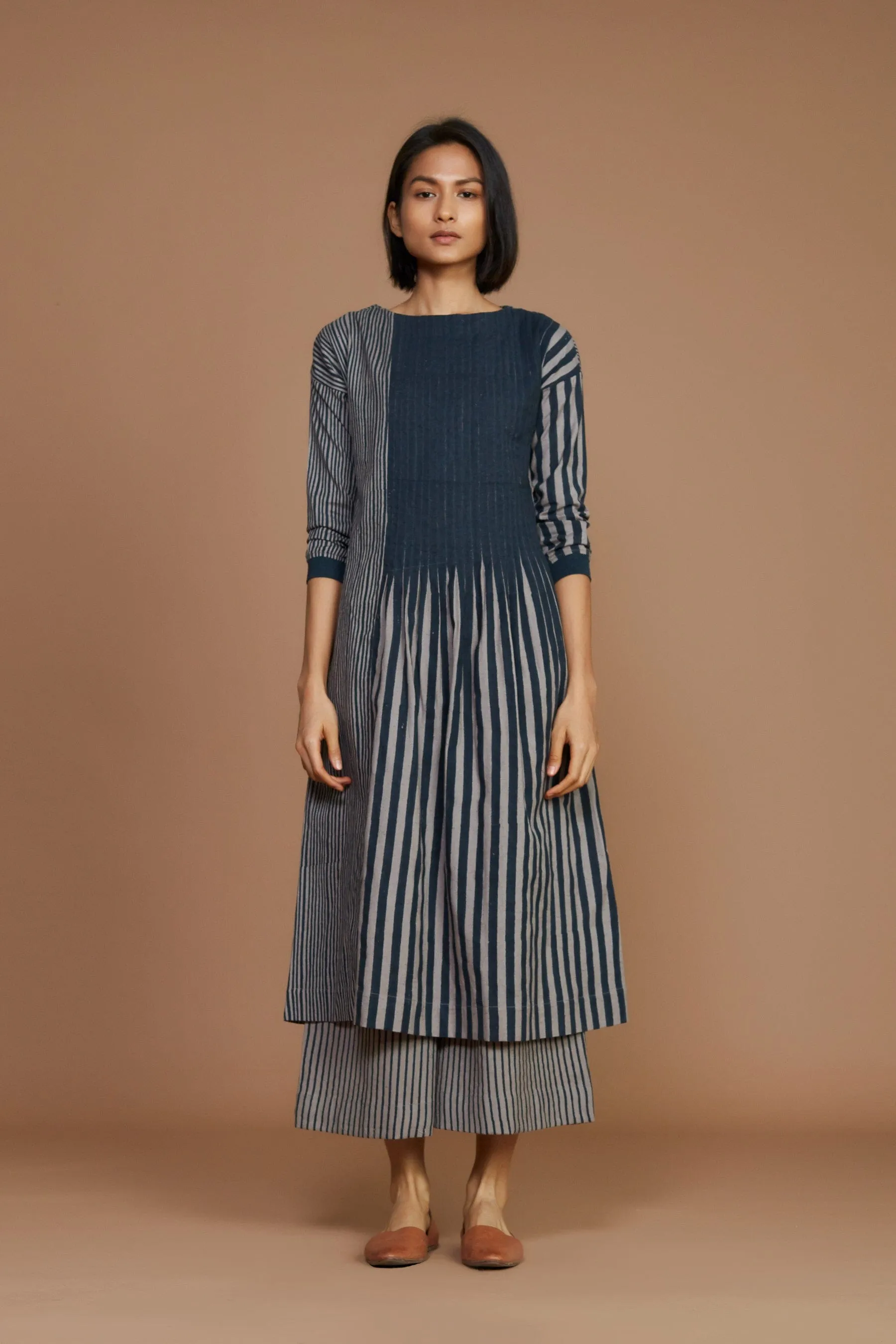 Grey With Charcoal Striped Pleated Dress (Ready to Ship)