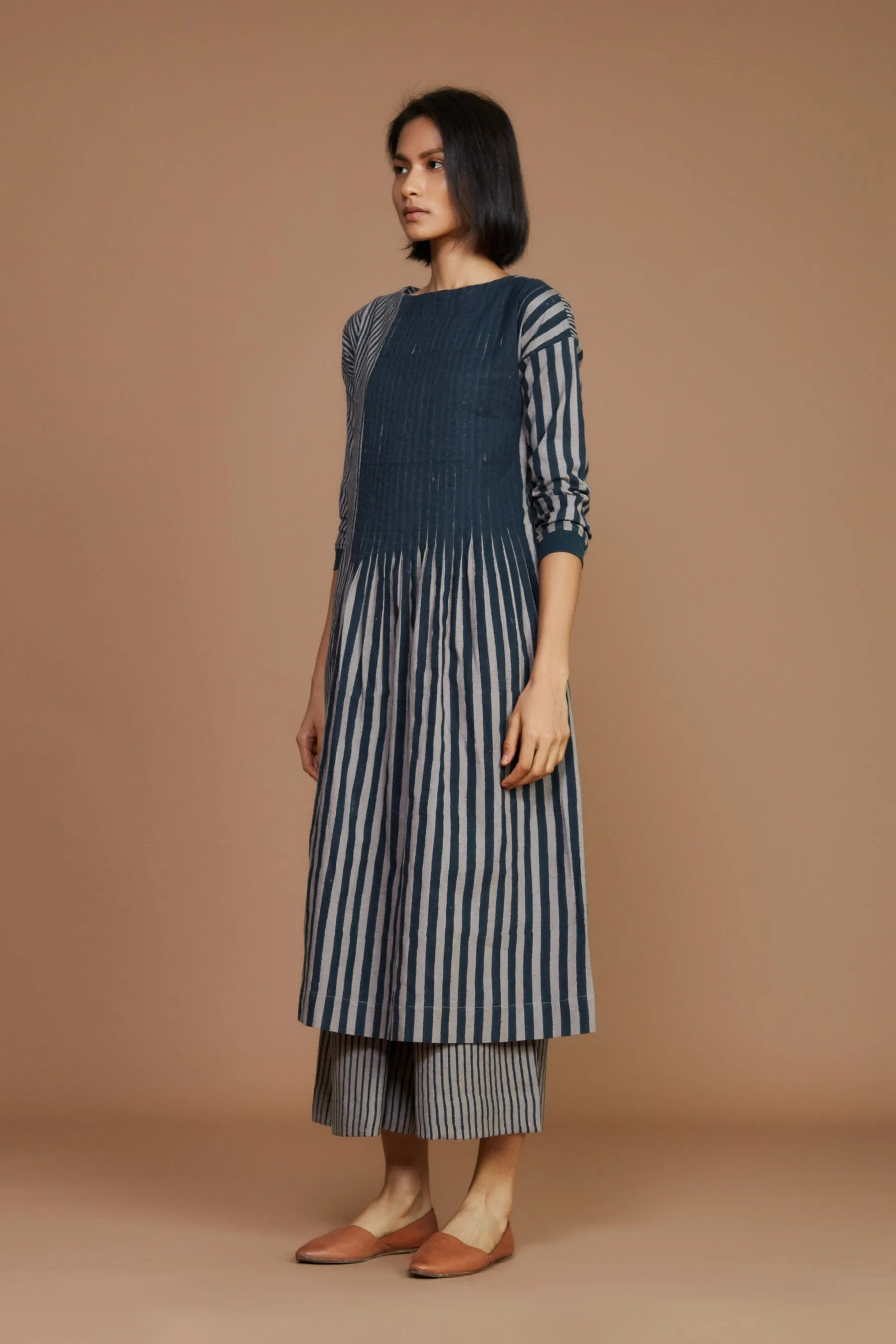 Grey With Charcoal Striped Pleated Dress (Ready to Ship)