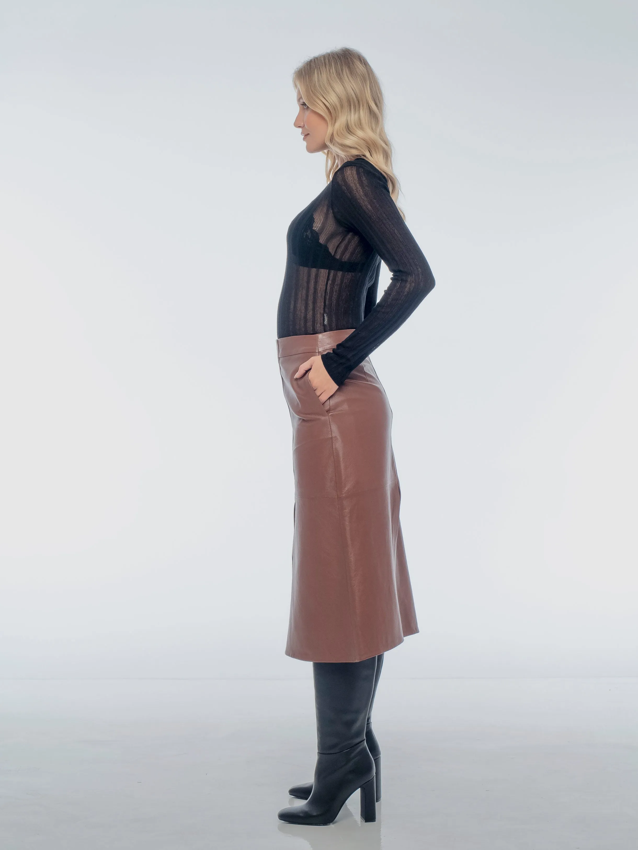 ISABELLA MIDI LEATHER SKIRT - WHISKEY