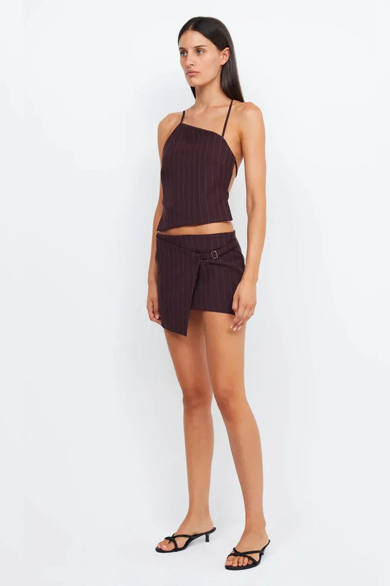 JADE WRAP MINI SKIRT-PLUM PINSTRIPE