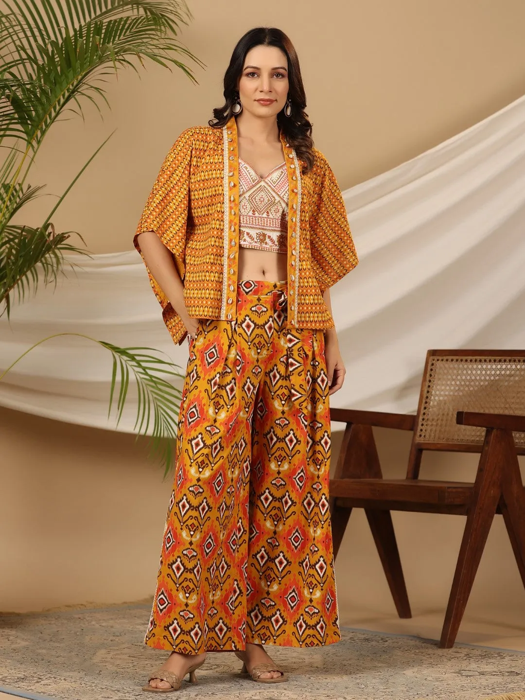 Juniper Mustard Ikat Printed & Tribal Embroidered Rayon Co-Ord Set With Jacket & Kaudis