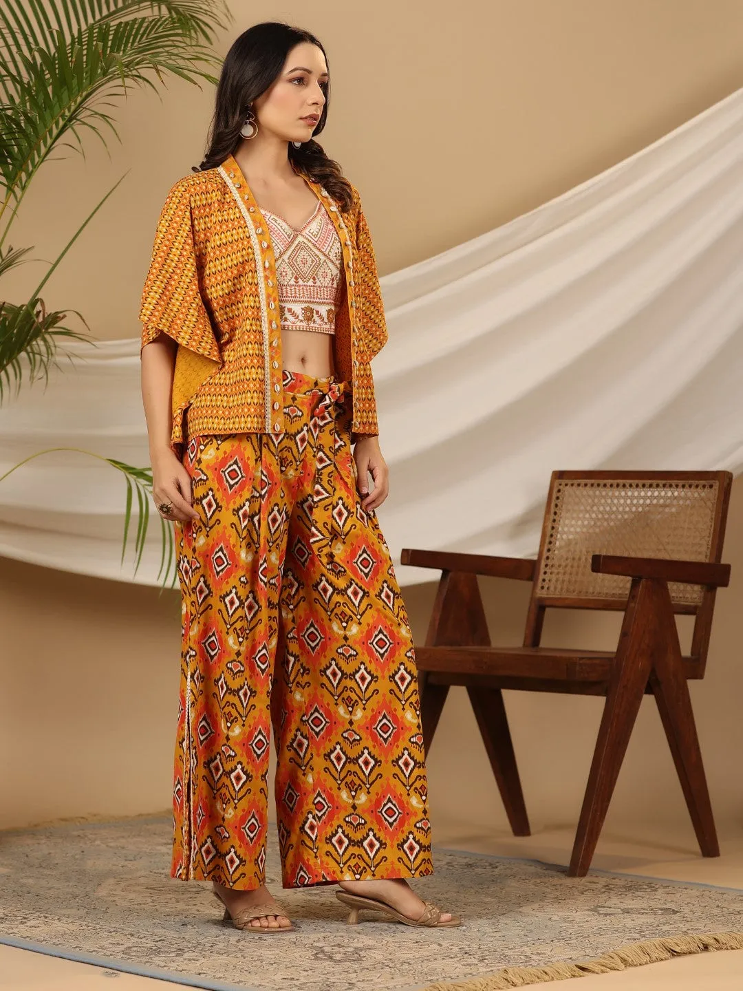 Juniper Mustard Ikat Printed & Tribal Embroidered Rayon Co-Ord Set With Jacket & Kaudis