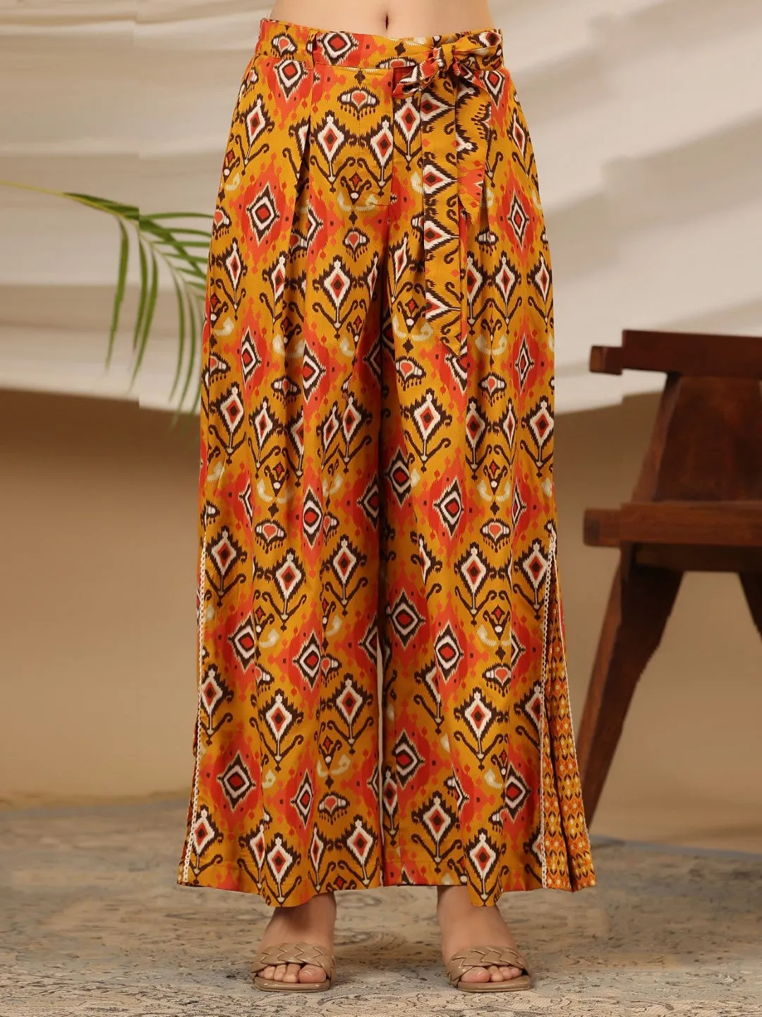 Juniper Mustard Ikat Printed & Tribal Embroidered Rayon Co-Ord Set With Jacket & Kaudis