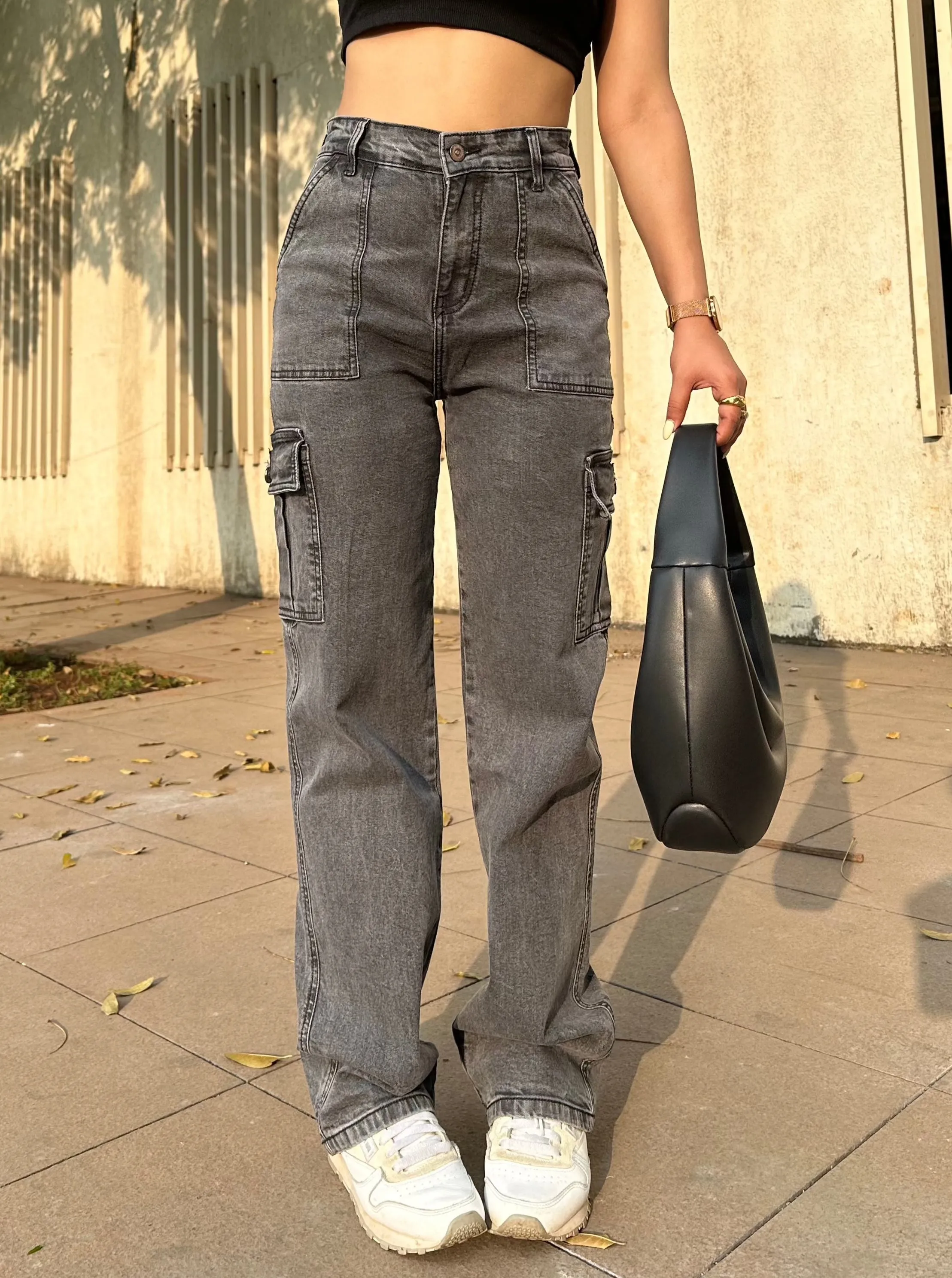 Metal Grey High Waist Cargo Jeans