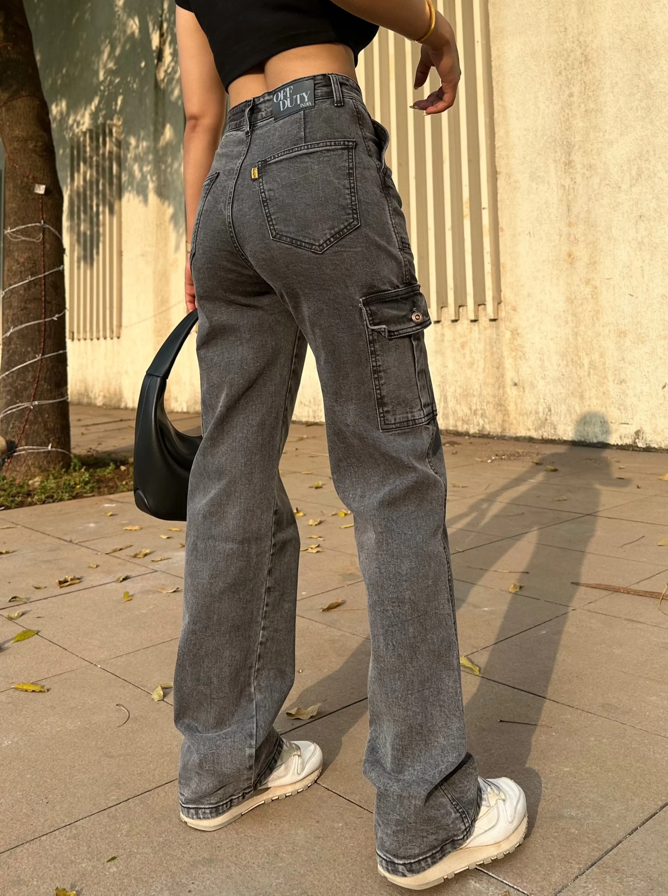 Metal Grey High Waist Cargo Jeans