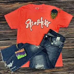 {NEON SPOOKY} White Puff Ink Neon Fire Coral Crew Neck Tee