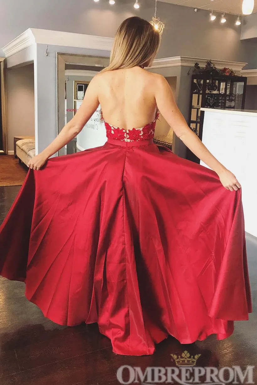 Red A Line Halter Party Dresses Long Prom Dresses