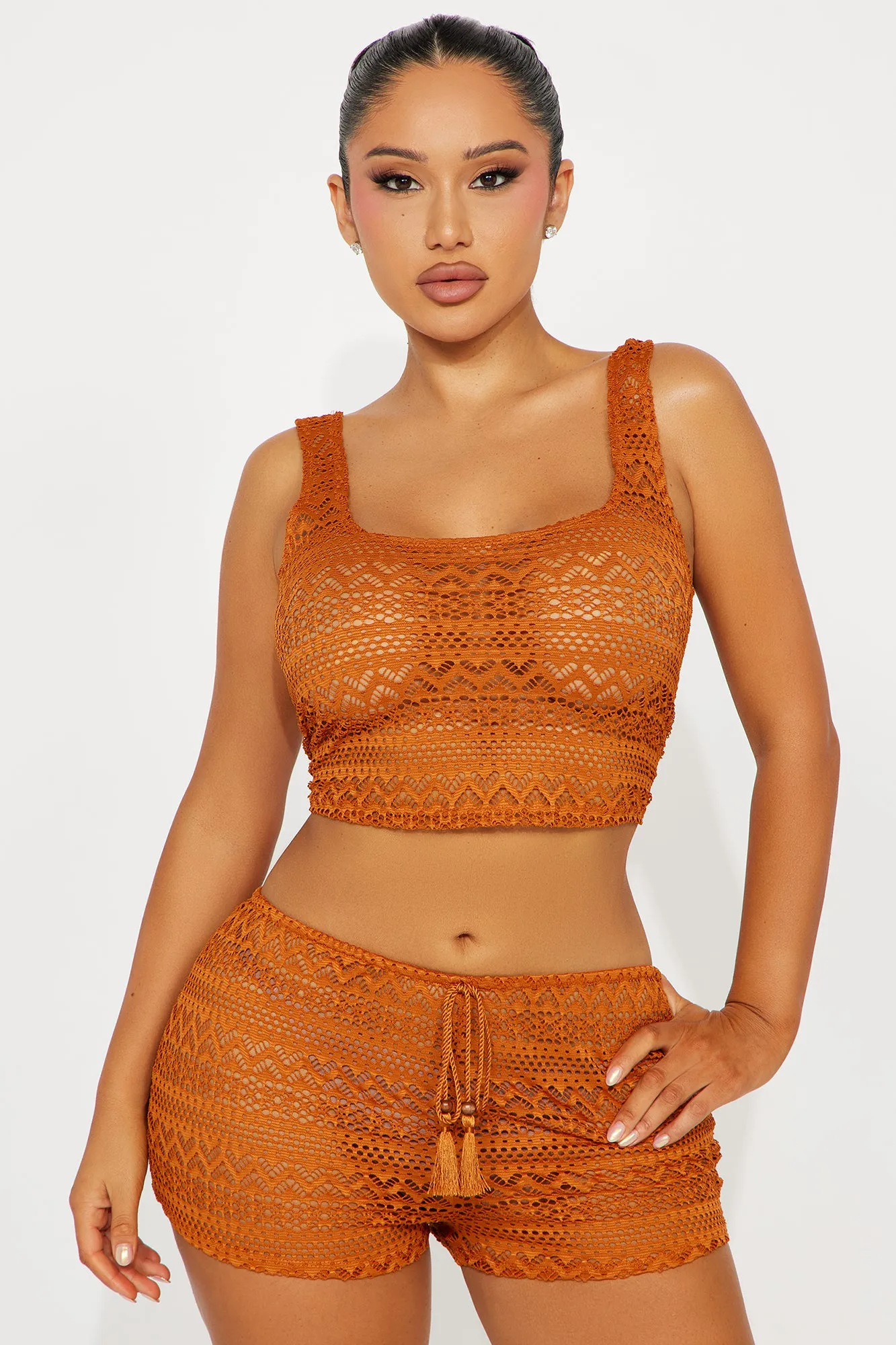 Resort Ready 2 Piece Coverup Shorts Set - Brown