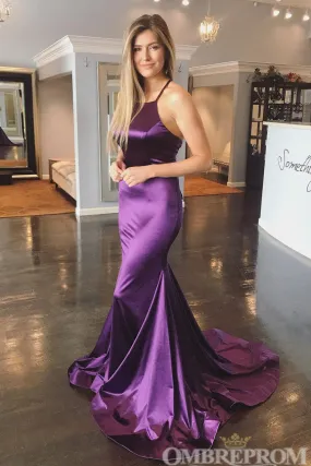 Simple Mermaid Prom Dresses Satin Halter Sweep Train Party Dresses